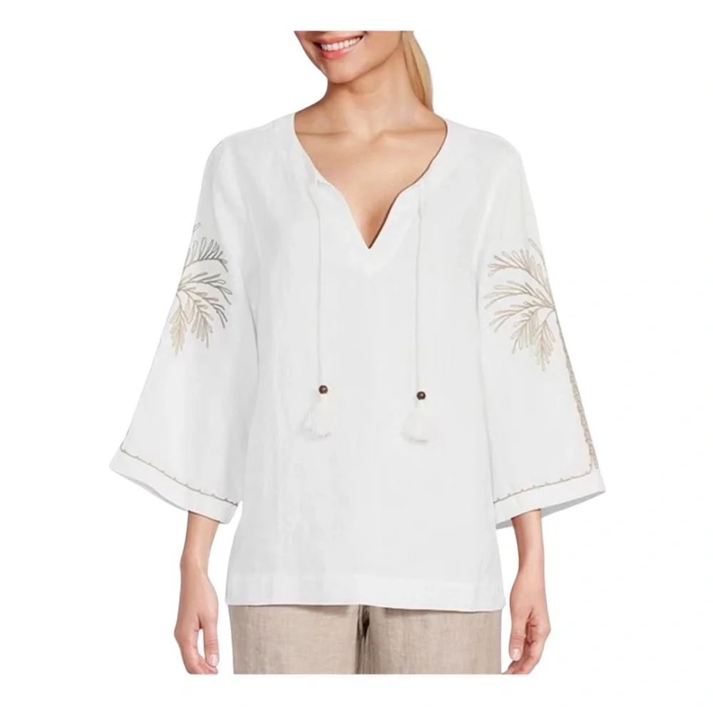 Tommy Bahama Linen Breezy Palms Embroidered Split V-Neck Tassel Tunic Sz M - Picture 3 of 13